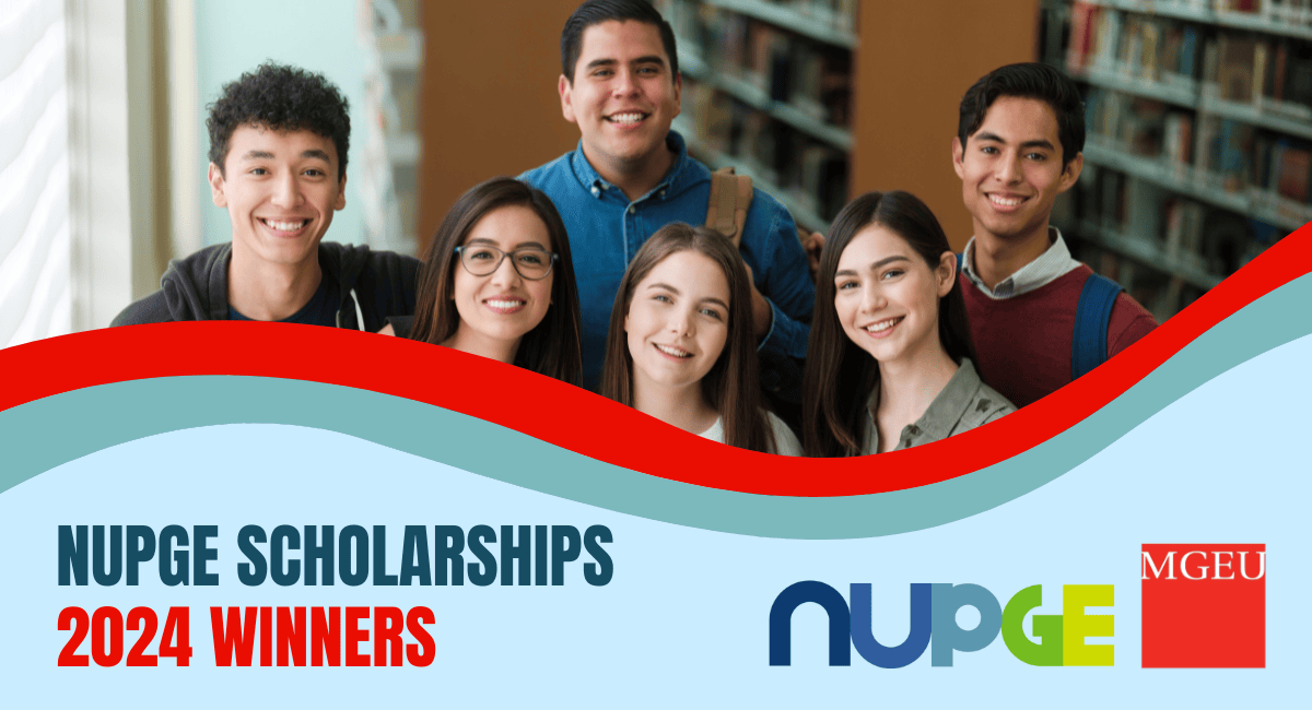 A group of students standing in a library. Text says, "NUPGE scholarships 2024 winners".