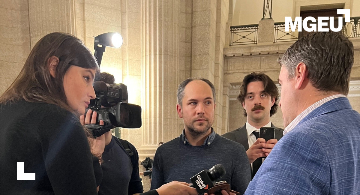 MGEU President Kyle Ross speaking with media at the Manitoba Legislature.