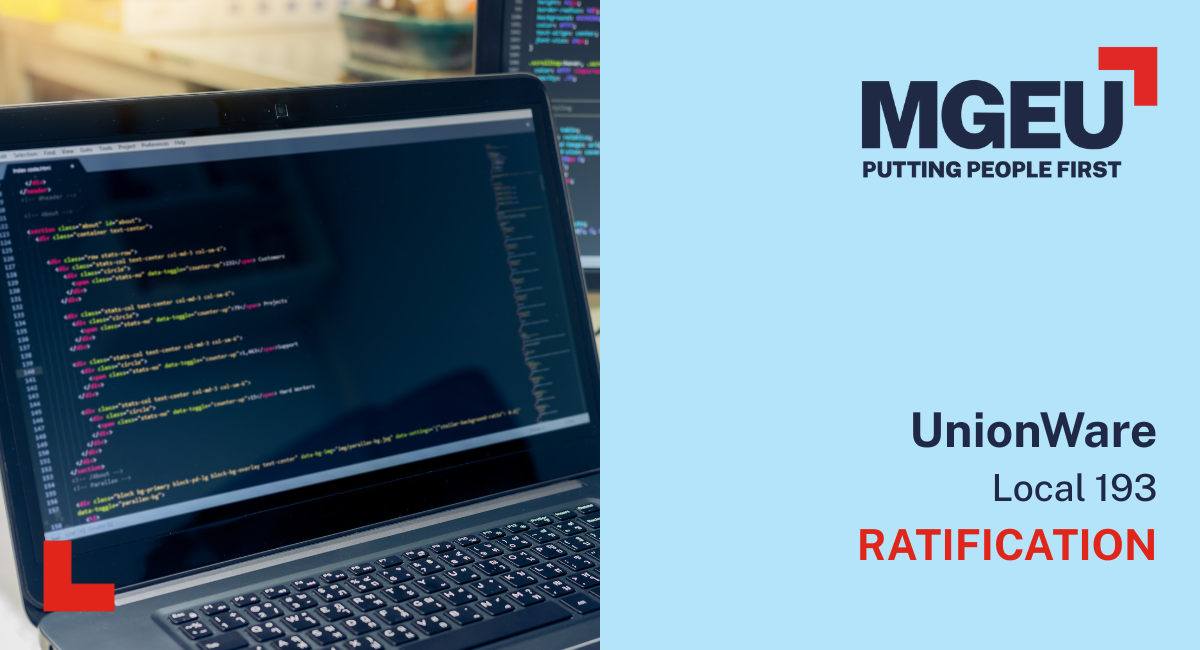 Open laptop with code displayed. Text is about the UnionWare ratification.