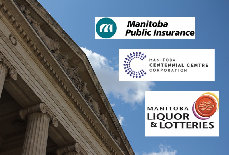 Manitoba legislative building with Crown Corp logos beside